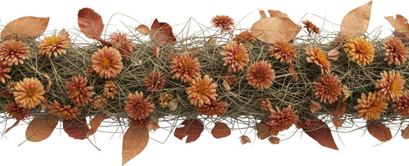 Obraz premium Rustic autumn arrangement of orange chrysanthemums and dried leaves woven into natural fibers