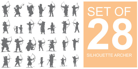 A set of silhouettes of people shooting archery with stylized crossbows holding up arrows