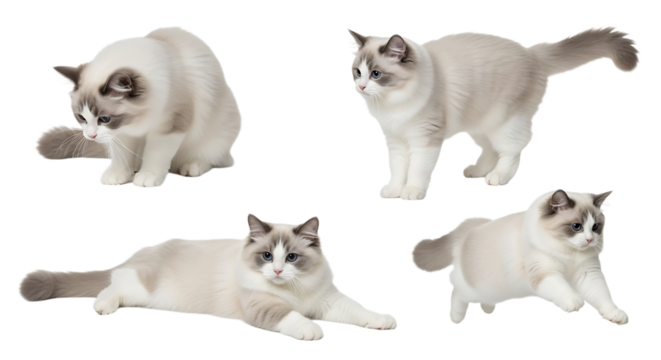 Four Ragdoll Cats in Various Poses Against a White Background.