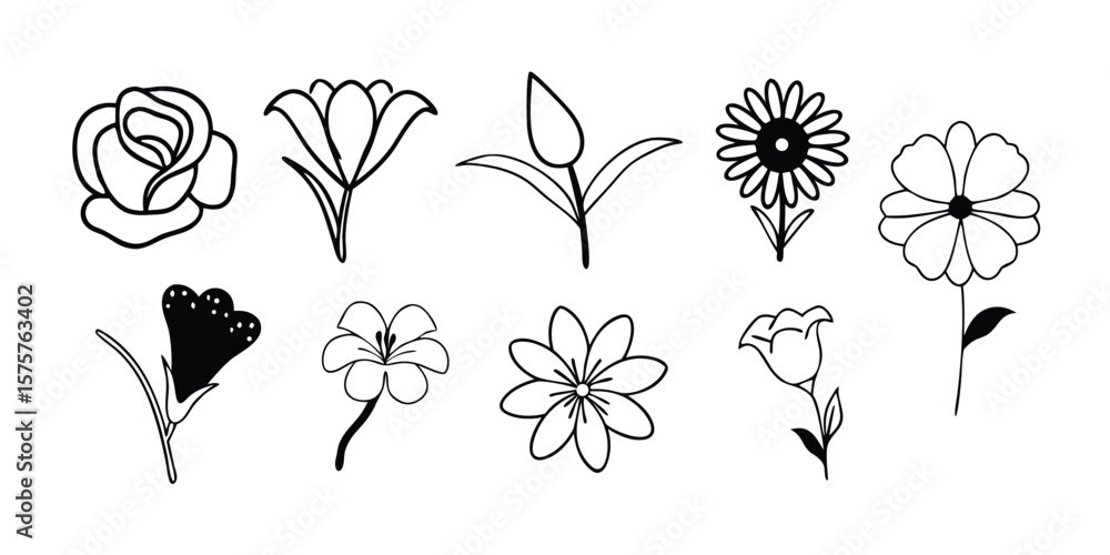 Poster mega set of flower line icons and dog illustration vector pictograms for design projects on transpar
