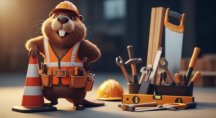 Cartoon Beaver Building Engineer with Construction Equipment and Safety Gear.