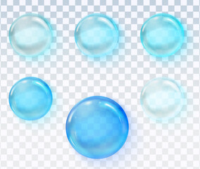 Glossy blue cleaning liquid drops set with transparent background
