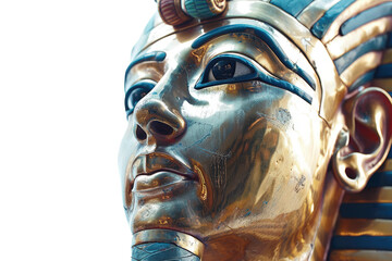 Detailed face of Egyptian pharaoh with symbols on transparent background