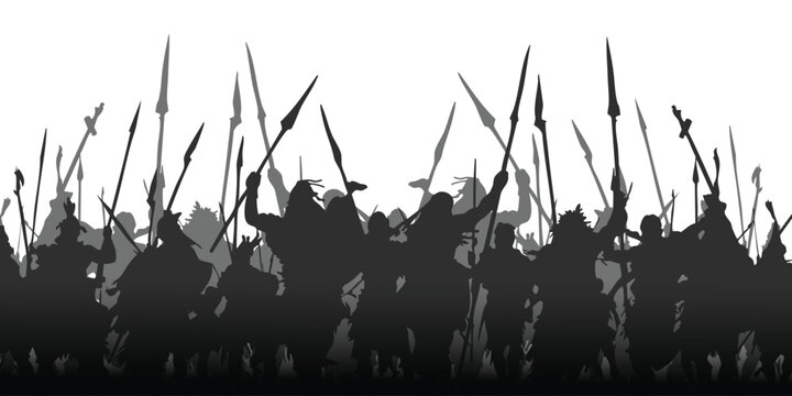 Background silhouette of angry crowd raising spears and wood