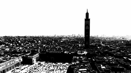 Black and white cityscape view of a city.