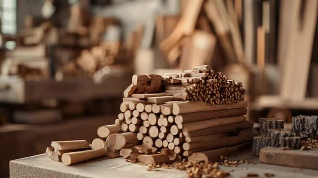 Carpenter's workshop with wooden dowels and logs displaying craftsmanship