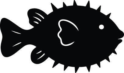 Silhouette pufferfish cute aquatic animal black and white Vector illustration