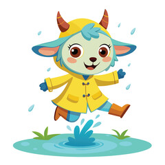 Fototapeta premium Cute cartoon goat in yellow raincoat jumping in a puddle on a rainy day