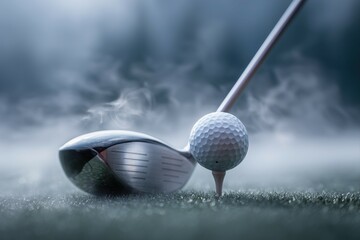Golf ball on a tee and a driver golf club, with a foggy background.