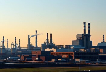 Abstract industrial landscape with factory buildings and smokestacks, conveying a sense of heavy industry,  landscape,  illustration