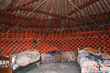 inside of Yurt decoration National old house of nomads of Kyrgyzstan and Asian countries.   Yurt...