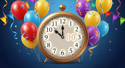 New Year Countdown Clock with Festive Balloons and Confetti Celebration.