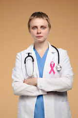 Medical Professional with Breast Cancer Awareness Emblem