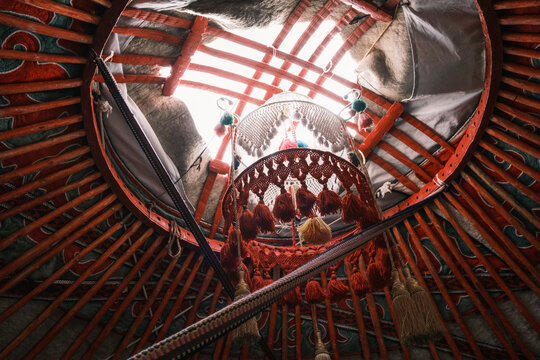 inside of Yurt decoration National old house of nomads of Kyrgyzstan and Asian countries.   Yurt camp 