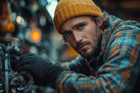 Focused man repairing bicycle chain in workshop wearing beanie