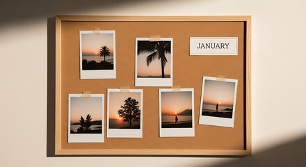 January Travel Memories Photos on Cork Board for Vacation Planning.