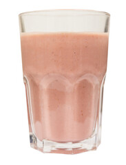 Pink Strawberry yogurt smoothie milkshake in tall glass isolated on white background.