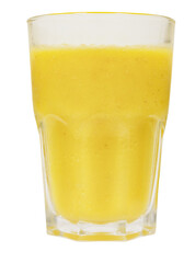Fresh drink, yellow mango orange juice banana smoothie blend in tall glass isolated on white...