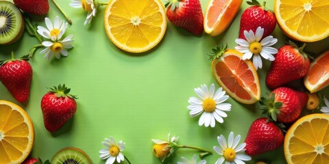 A vibrant arrangement of juicy citrus fruit slices, ripe strawberries, and delicate chamomile flowers on a bright green background, creating a refreshing and cheerful summer scene