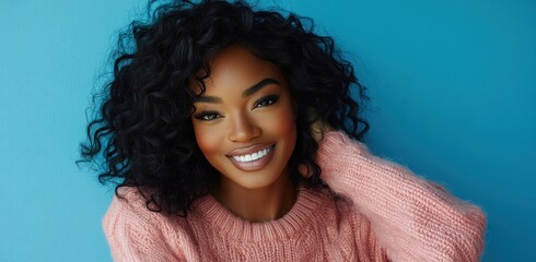 Smiling woman in pink sweater with vibrant blue background