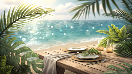 Beachfront dining table setup with ocean view and tropical leaves for summer vacation getaway concept