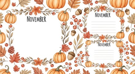 November Autumn Harvest Frame Design with Pumpkins Berries and Leaves Graphic.