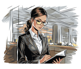 Elegant Businesswoman Reading Notebook in Modern Office for Professional and Corporate Inspiration