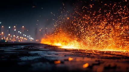 Shower of hot welding sparks in a dark industrial workshop