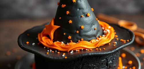 Black witch's hat cake, orange frosting, star sprinkles,  black,  witch hat cake