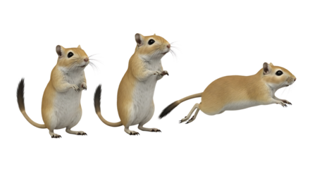 Three Gerbils in Various Poses Showing Movement and Action Isolated.