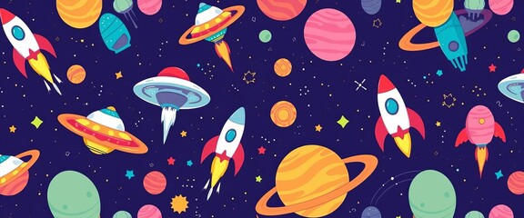 Cartoon UFOs, rockets, and planets in a vibrant galaxy seamless pattern,  rocket,  wallpaper