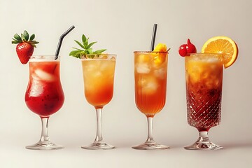 Four assorted cocktails with fruit and mint garnishes on a light background