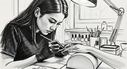 Detailed Sketch of Nail Technician Providing Manicure Services in Salon Setting.