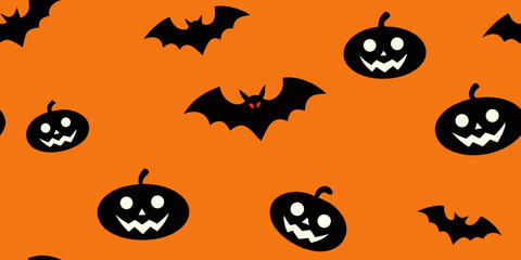 An eerie autumn night scene with spooky cartoon pumpkins, bats, and a full moon, perfect for a Halloween celebration illustration