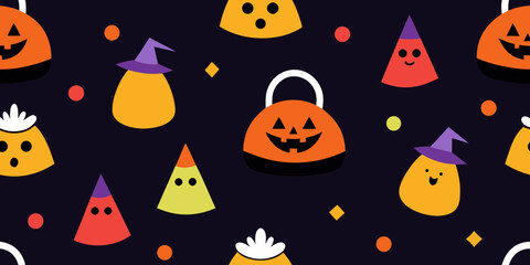 Spooky Halloween seamless pattern with cartoon pumpkin, bat, ghost, cat, witch, and spider icons, perfect for a festive October party background illustration