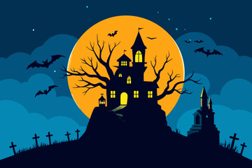 Spooky Halloween night with a haunted house, full moon, flying bats, and scary pumpkin silhouettes on a dark autumn hill, perfect for a horror celebration