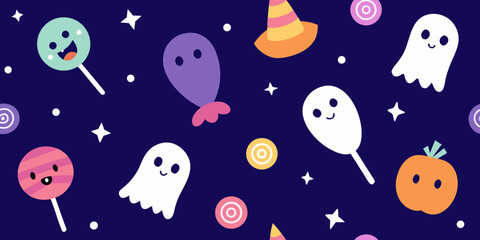 Cute cartoon seamless pattern with funny monsters, colorful balloons, and birds in space with stars, moon, and planets