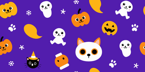 Here's a seamless Halloween pattern with funny cartoon animal faces and cute pumpkin illustrations