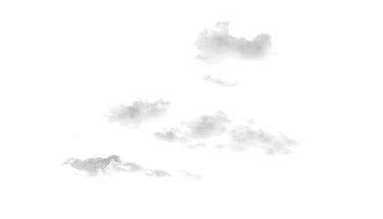 Several fluffy white clouds are isolated against a bright transparent background