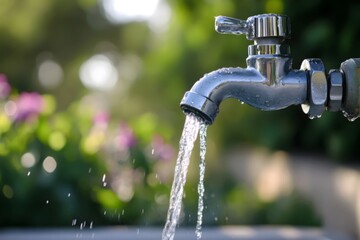 A steel water tap with flowing water for plants in garden 