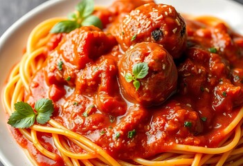 Close-up of spaghetti and meatballs in rich tomato sauce,  menu,  italian food