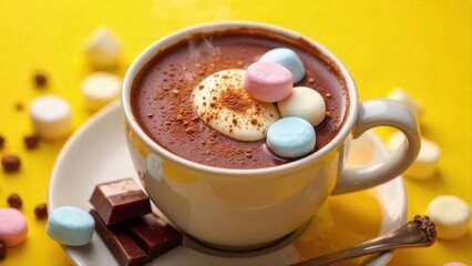 Fototapeta premium Warm comforting cocoa drink topped with colorful marshmallows and chocolate squares on a saucer