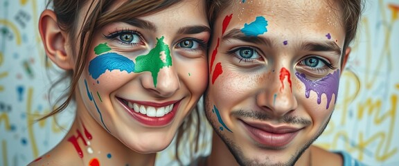 Close-up, playful paint-splattered couple, soft gaze,  paint,  tenderness