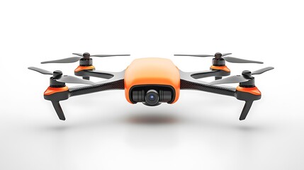 An orange and black drone with four propellers and a frontfacing camera is captured from a lowangle front view, isolated on a white background