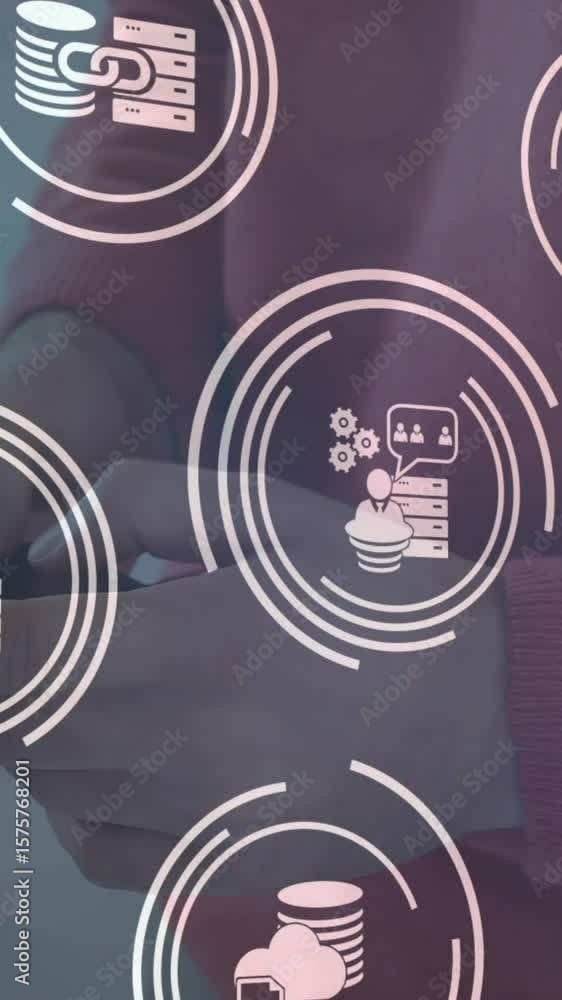 Poster animation of digital icons against mid section of a man using smartphone