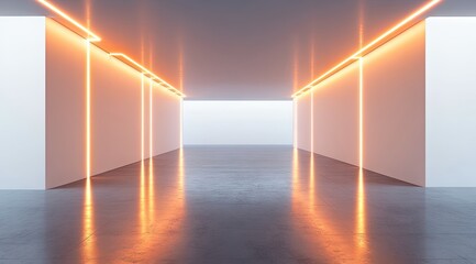 Empty, futuristic corridor lit by orange neon