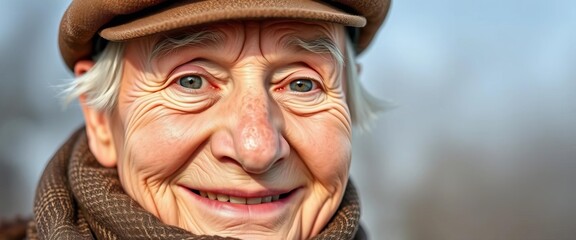 Close-up portrait, smiling senior, brown hat, scarf, playful gaze,  scarf,   lighting