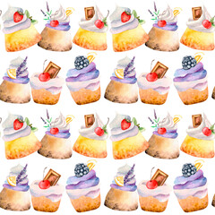 Delicate watercolor pattern. Fresh cupcake and fragrant lavender