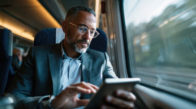 Commuting Business Professional: A focused man in a business suit, engrossed in his digital tablet, rides a passenger train, representing modern travel and professional connectivity.