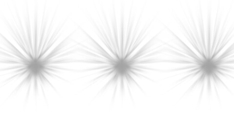 Set of three grey starburst light flares in a line. Abstract overlay elements for pattern or background isolated on transparent background. PNG, Cutout.
